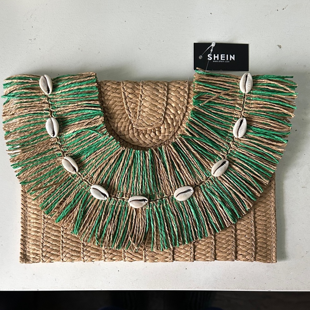 SHEIN Tan and Green Boho Clutch with Shell Accents